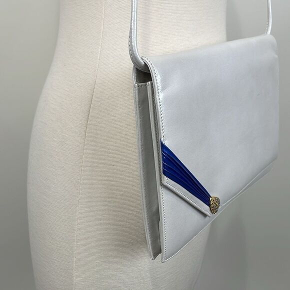Raphael Salato Vintage Leather Flap Bag Clutch 70s White Blue Crystal Leaf - Picture 3 of 11